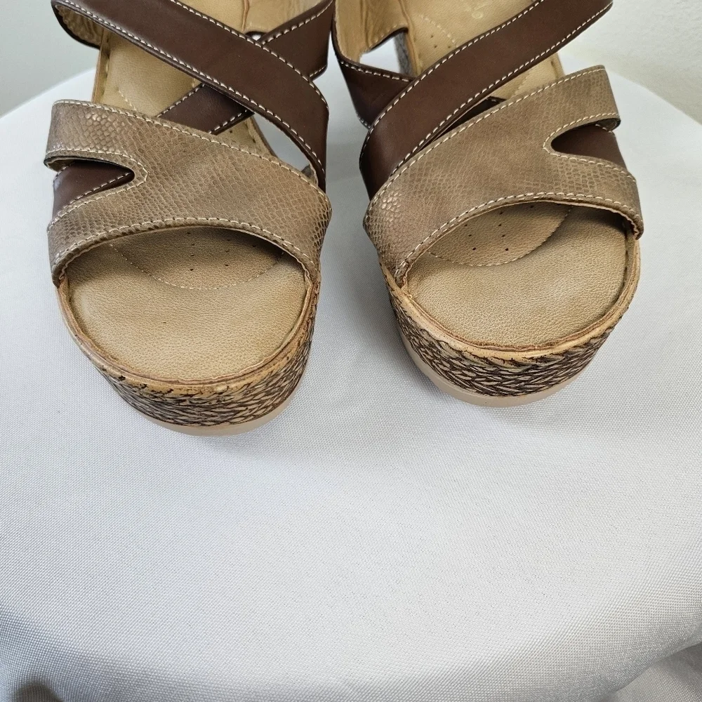 Patrizia by Spring Step Brown Faux Leather Wedge Sandals | Mid Heel Size 10